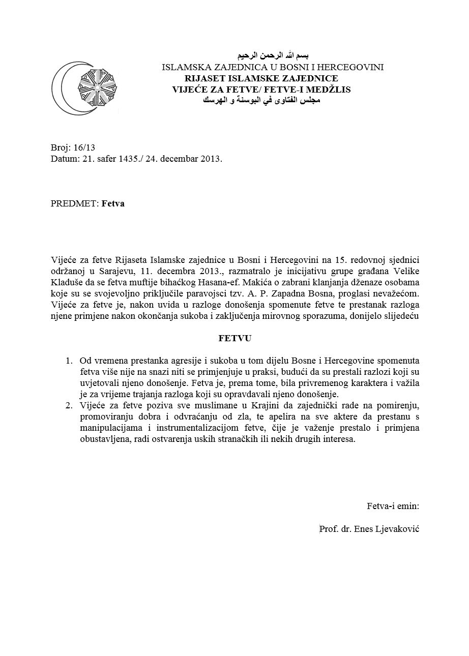 fetva klanjanje dzenaze pripadnicima paravojne formacije Zapadna Bosna 24.12.2013